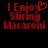 Red pixelated text on black background reads "I Enjoy String Macaroni" with a heart symbol replacing the 'o' in Enjoy in one view.