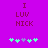 Purple background with maroon text "I LUV NICK" and five pixelated flowers below, two green on left, one purple in center, two green on right.