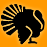 Black silhouette of a turkey with striped tail feathers on an orange background, static pixel art style.