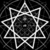 Four identical white geometric star patterns on a black background with subtle circular motifs, arranged in a