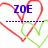 Blue text phrases 'ZOE', 'JUST LIKE YOU...', and 'ONLY BETTER! :)' appear over red and green heart outlines on a white background.