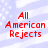Red pixelated text "All American Rejects" on a light blue and white striped background with scattered white dots.