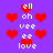 Pixelated red hearts and white text on a purple background, with repeated 'ell oh vee ee love' sequences arranged in vertical