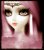 Pixelated static image of a stylized face with pink hair, dark eyes, and an open mouth showing teeth.