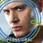 Pixelated close-up of a person's face with light skin tone, dark eyebrows, and brown eyes against a blue-and-green checkered background.