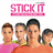 Pixelated image with pink text overlays and four people in the center, split into sections with gray background.