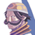 Pixelated 50x50 AIM buddy icon showing a character with dark hair, purple and yellow tones, wearing a helmet-like headpiece and striped scarf against blue background.