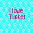 Pixelated cyan background with white circular patterns and four identical pink text blocks reading 'ilove Tucker' in a