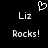 Black background with white pixelated text and a heart symbol, showing 'Liz' above 'Rocks!' in two identical side-by-side arrangements.