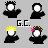 Animated pixel art of a character with black hair and white face, wearing black outfit with blue accents, performing actions like turning head and changing background text.