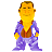 Pixelated character with yellow skin, brown hair, and a neutral expression wearing a brown vest over a purple outfit with yellow accents.