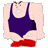 A 5-frame animated contact sheet showing a cartoon character in a purple swimsuit and red shoes performing sequential movements against a gray background.