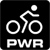 Black square icon with white pixelated bicycle symbol and 'PWR' text below, featuring a rider silhouette on two wheels.