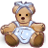 Pixelated static image of a teddy bear wearing light blue overalls with white accents, positioned against a plain background.