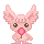 Pixelated pink creature with large ears holds a lollipop, eyes shift slightly between frames.