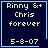 Four identical dark blue square with light blue borders display pixelated text reading "Rinny &+ Chris forever 5-8-07"; the top-right has a light blue heart symbol and the bottom-right has a light blue star symbol
