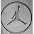 A circular gray icon with a black outline contains a stylized silhouette of a basketball player in mid-air, wearing red shorts and white sneakers.