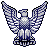 Pixelated eagle with outstretched wings, blue and white checkered pattern, black outlines, gray background.