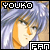 Pixelated anime-style character with light blue hair and orange skin, featuring text overlays 'YOUKO' and 'FAN' in blocky font.