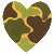 Heart-shaped icon transitions from camouflage pattern to solid red with missing sections, showing sequential breakup animation.