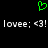 Green pixelated heart symbol above repeated white text 'lovee: <3!' on black background.