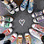 Animated sequence showing a circular arrangement of small icons with a central heart, transitioning to a heart-shaped frame with a glowing effect.