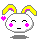Pixelated white bunny head with yellow and pink ears, pink cheeks, black eyes closed in a smile, static gray background.