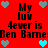 Red background with repeated text "My luv 4ever is Ben Barne" and alternating heart icons in cyan and gray.