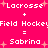 Pixelated text on bright pink background with white plus signs and light orange stars, displaying 'Lacrosse + Field Hockey = Sabrina' repeated twice.