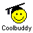 Pixelated yellow smiley face wearing a black graduation cap with blue tassel, positioned above the text "Coolbuddy" on gray background.