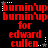 Red pixelated text on black background reads 'burnin'up burnin'up for edward cullen.' with white and gray star-like dots scattered around.