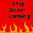 Red background with black text reading "Stop Global Warming" repeated twice, orange and yellow pixelated flames at the bottom.