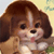 Pixelated static image of a small dog with brown and white fur, black eyes, nose, and mouth, pink tongue visible, against a light yellow background with faint green and blue patches.