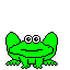 Green pixelated frog with white eyes and black pupils, alternating between closed mouth smile and open mouth showing red tongue against gray background.