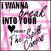 Pixelated graphic with pink and white background featuring text 'I WANNA break INTO YOUR HEART The Spill The Cords' and a black heart symbol.