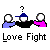 Pixel art of three stick figures with question marks above their heads, labeled 'Love Fight' beneath them, showing animation changes in question mark and figure positions.