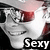 A grayscale image of a person wearing red sunglasses and a light-colored cap, with the word "Sexy" overlaid in bold black text.