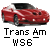 Pixelated red sports car with black roof and white accents on a gray background, below pixelated text reading 'Trans Am WS6'.