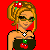 Pixel art contact sheet showing multiple views of a cartoon female character with cherry-themed accessories and blue jeans against a solid red background, including full-body, midsection, legs, and close-up poses.