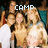Group of people in a pixelated image with text overlays changing across frames.