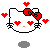 Pixelated white cat face with red bow, heart-shaped eyes, and floating hearts on gray background.