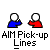 16 pixel-art buddy icons with blue/red figures, each displaying unique text bubbles and identical 'AIM Pick-up Lines' labels below