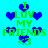 Pixelated blue heart shapes and green text reading "I LUV MY FRIENDS" on a cyan background with scattered smaller hearts.