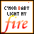 Animated contact sheet of a buddy icon featuring text and fire animation across five frames with orange borders on white backgrounds.