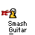 Pixelated character in yellow shirt plays red guitar with motion blur effects