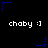 Pixelated black background with white text 'chaby :]' repeated in two , blue star-shaped icons with dotted lines at corners and midpoints