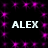Black background with purple star-like sparkles forming a border, two of white 'ALEX' text in pixelated font