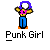 Pixelated character with purple hair, white face, yellow arms, pink shirt, blue pants, and orange feet standing against gray background with 'Punk Girl' text below.