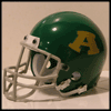 Green football helmet with yellow A logo and silver face mask on beige background.
