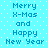 Pixelated blue text on light blue background with white dots, repeating 'Merry X-Mas and Happy New Year' in two